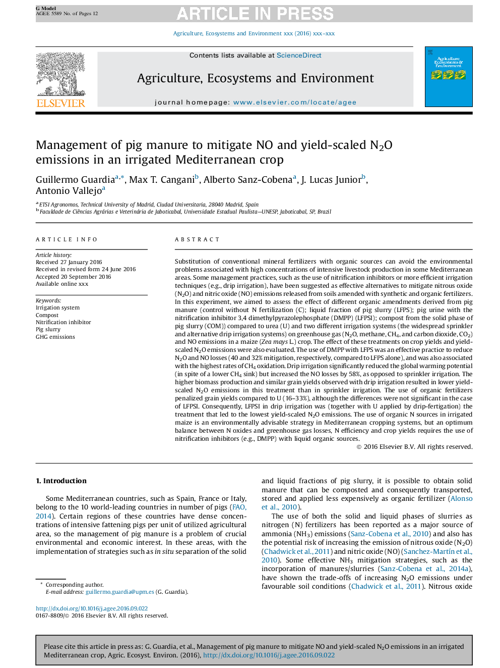 Management of pig manure to mitigate NO and yield-scaled N2O emissions in an irrigated Mediterranean crop