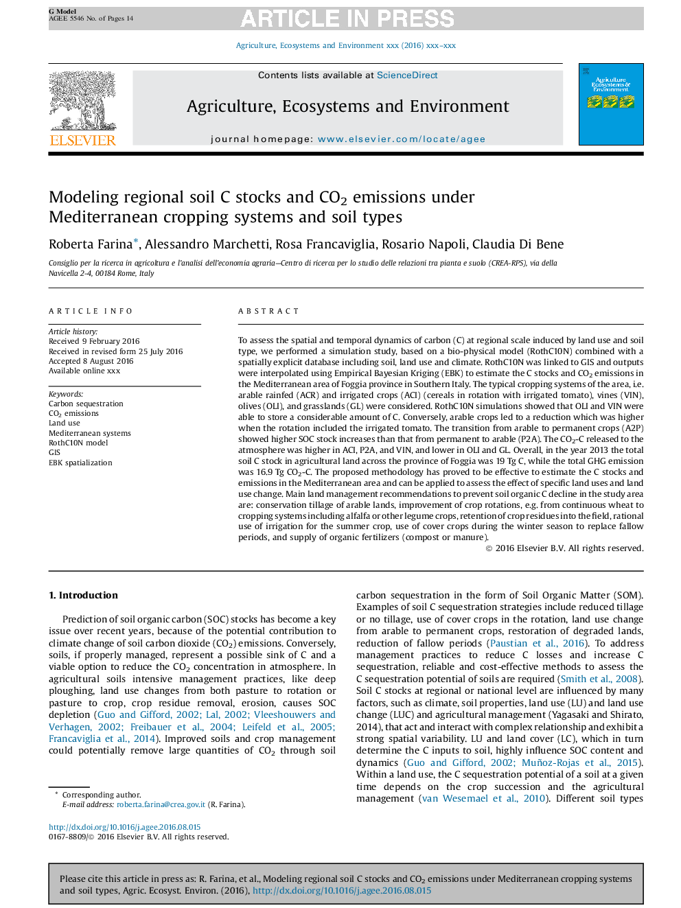 Modeling regional soil C stocks and CO2 emissions under Mediterranean cropping systems and soil types