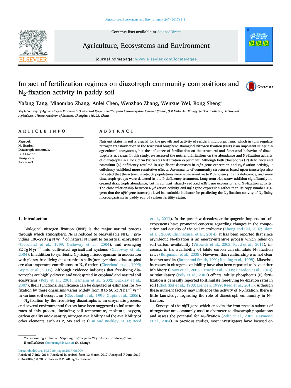 Impact of fertilization regimes on diazotroph community compositions and N2-fixation activity in paddy soil