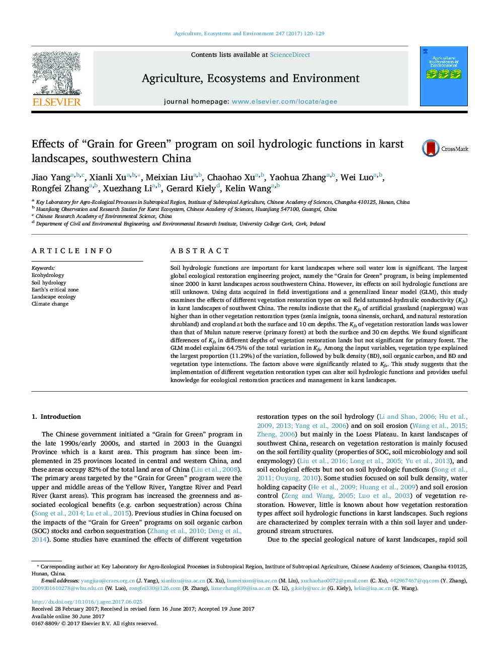 Effects of “Grain for Green” program on soil hydrologic functions in karst landscapes, southwestern China