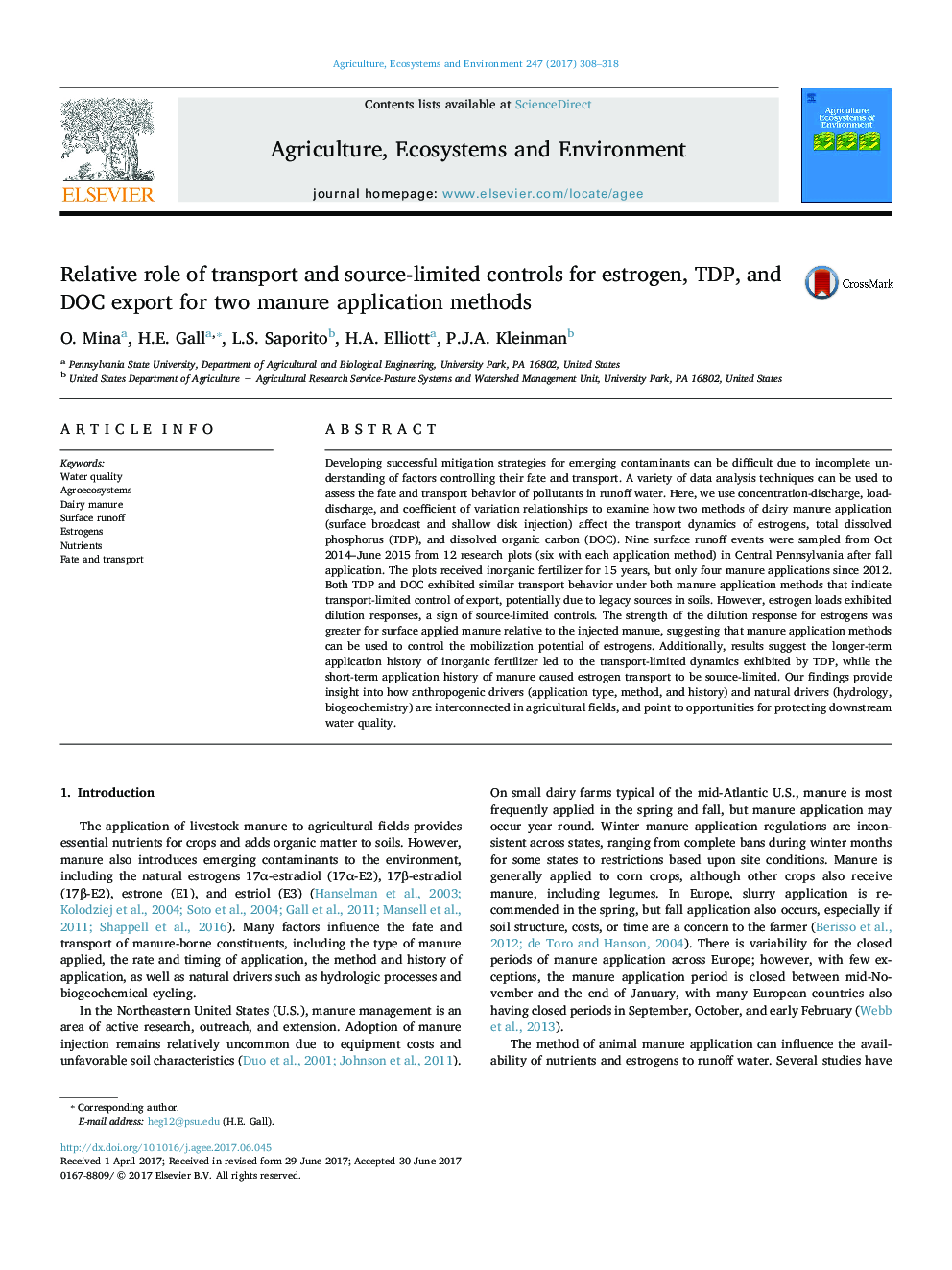 Relative role of transport and source-limited controls for estrogen, TDP, and DOC export for two manure application methods