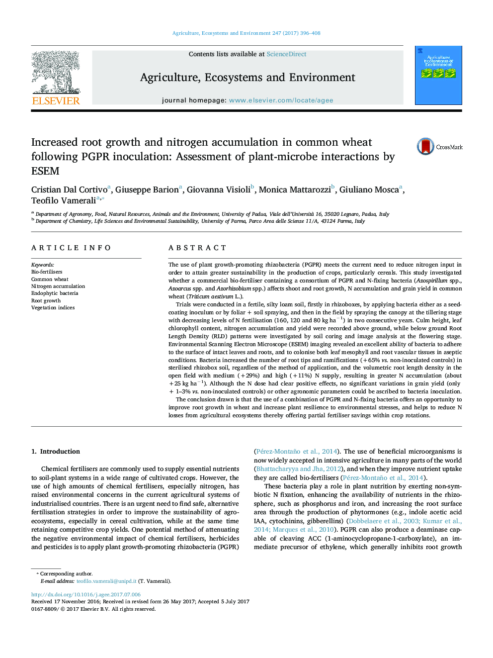 Increased root growth and nitrogen accumulation in common wheat following PGPR inoculation: Assessment of plant-microbe interactions by ESEM