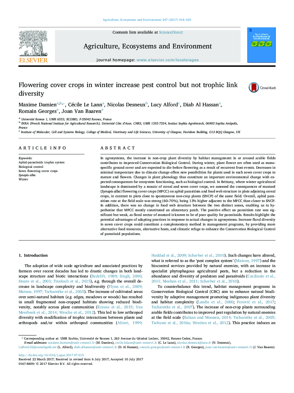 Flowering cover crops in winter increase pest control but not trophic link diversity