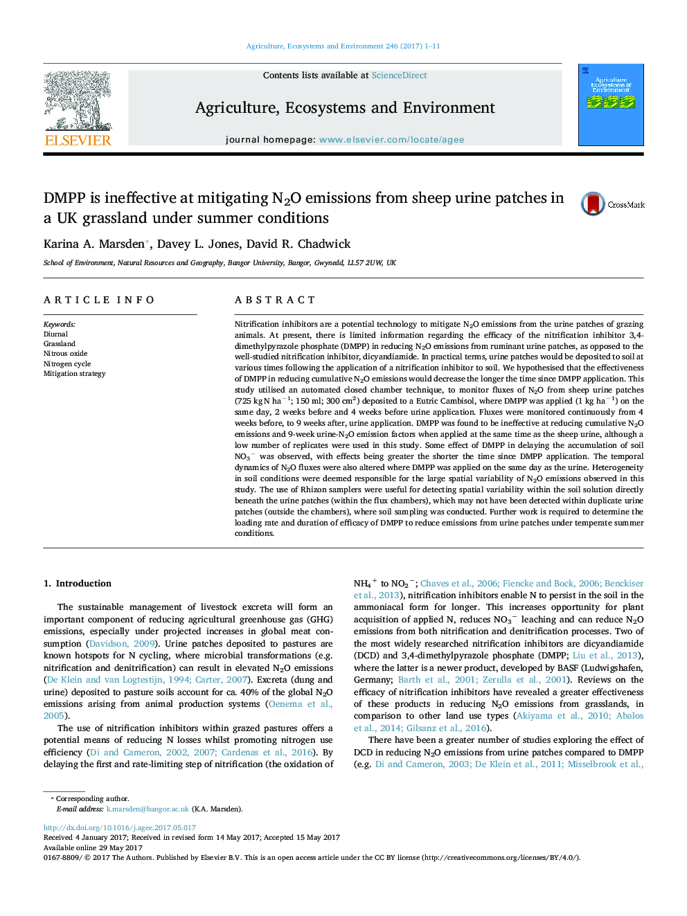 DMPP is ineffective at mitigating N2O emissions from sheep urine patches in a UK grassland under summer conditions