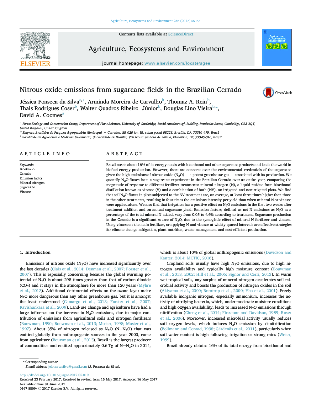 Nitrous oxide emissions from sugarcane fields in the Brazilian Cerrado