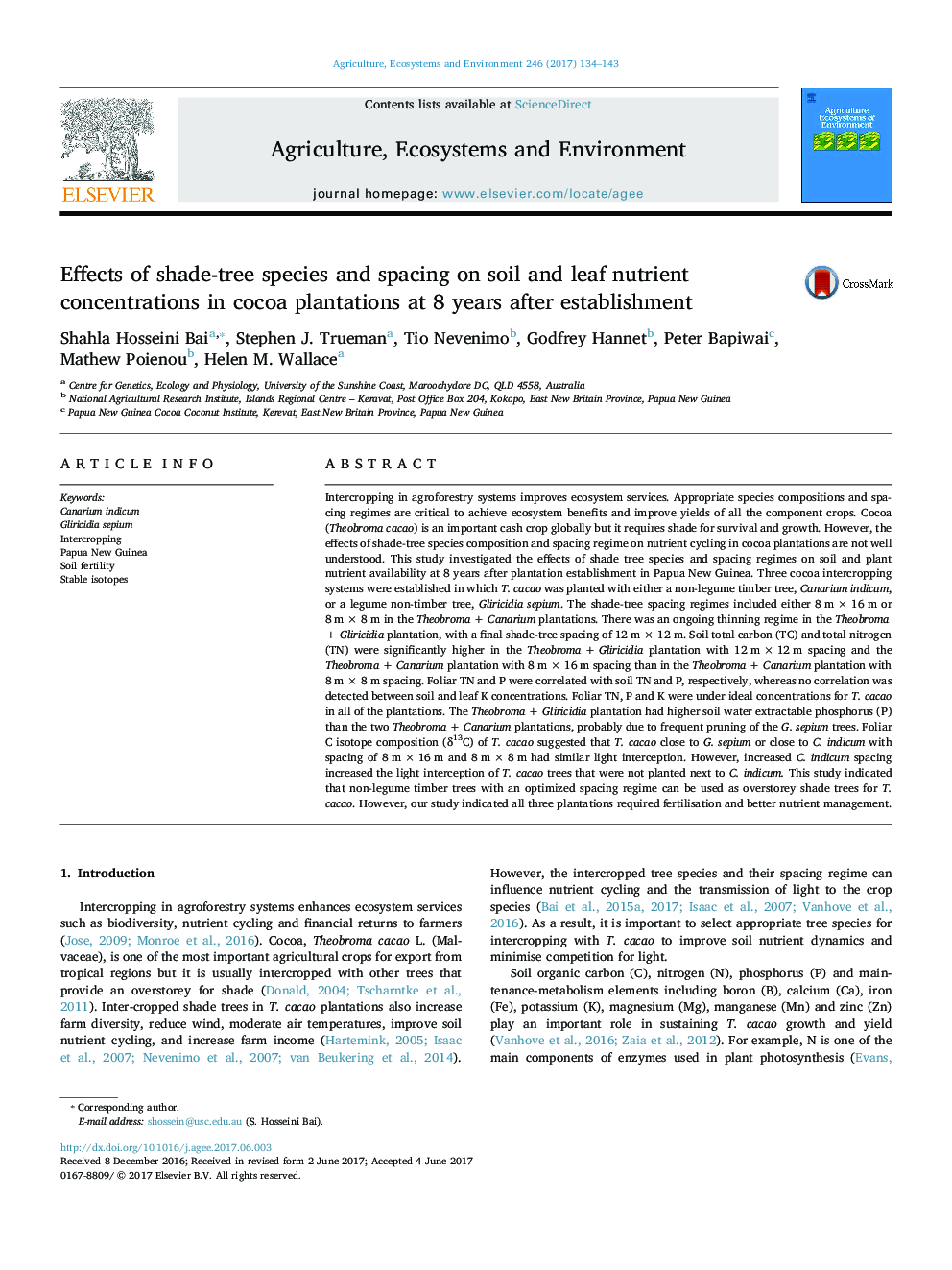 Effects of shade-tree species and spacing on soil and leaf nutrient concentrations in cocoa plantations at 8 years after establishment