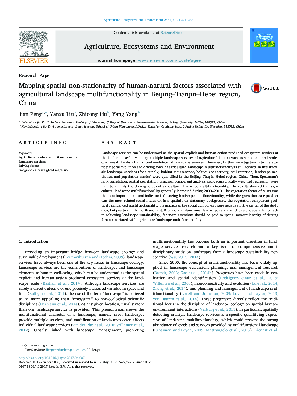 Mapping spatial non-stationarity of human-natural factors associated with agricultural landscape multifunctionality in Beijing-Tianjin-Hebei region, China