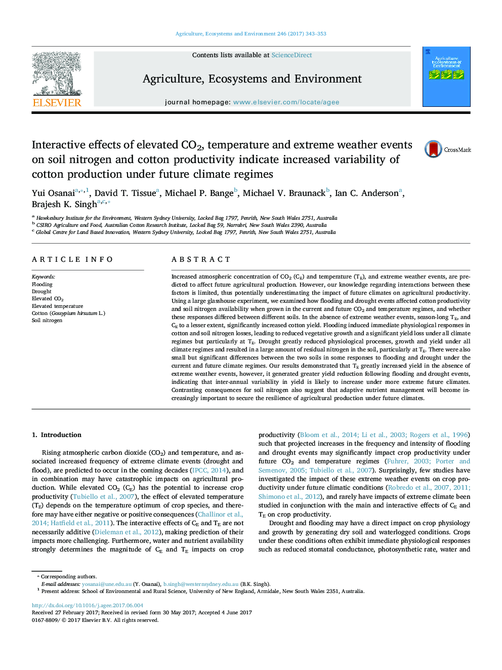 Interactive effects of elevated CO2, temperature and extreme weather events on soil nitrogen and cotton productivity indicate increased variability of cotton production under future climate regimes