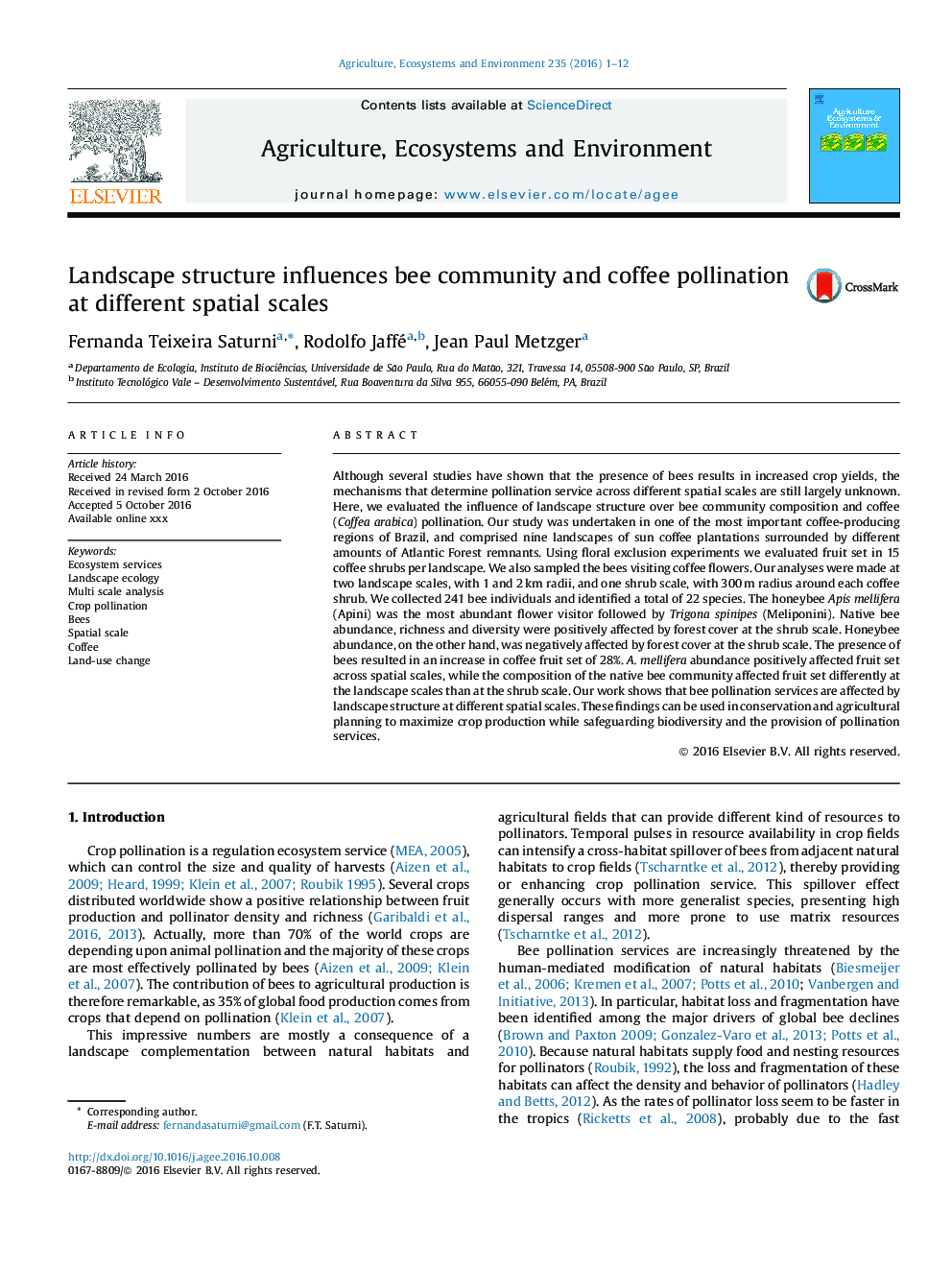 Landscape structure influences bee community and coffee pollination at different spatial scales