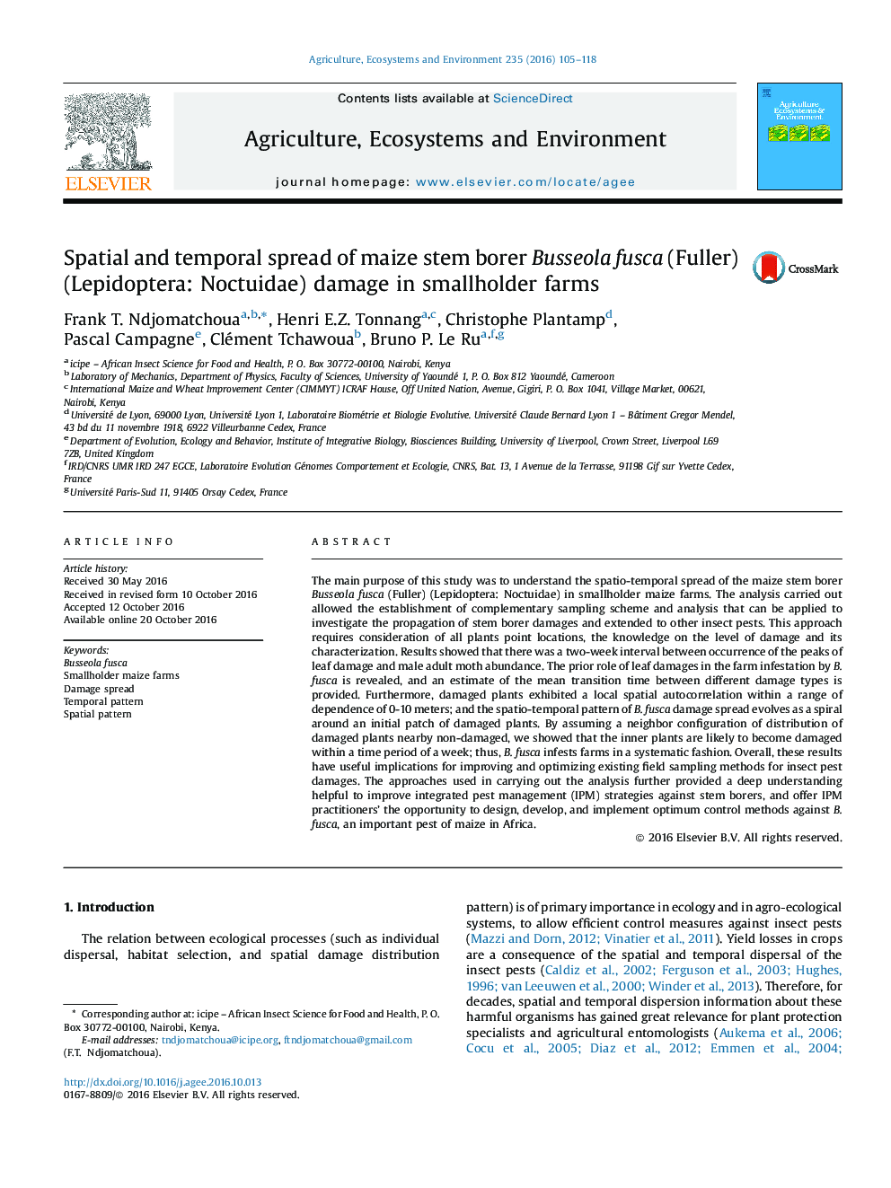 Spatial and temporal spread of maize stem borer Busseola fusca (Fuller) (Lepidoptera: Noctuidae) damage in smallholder farms