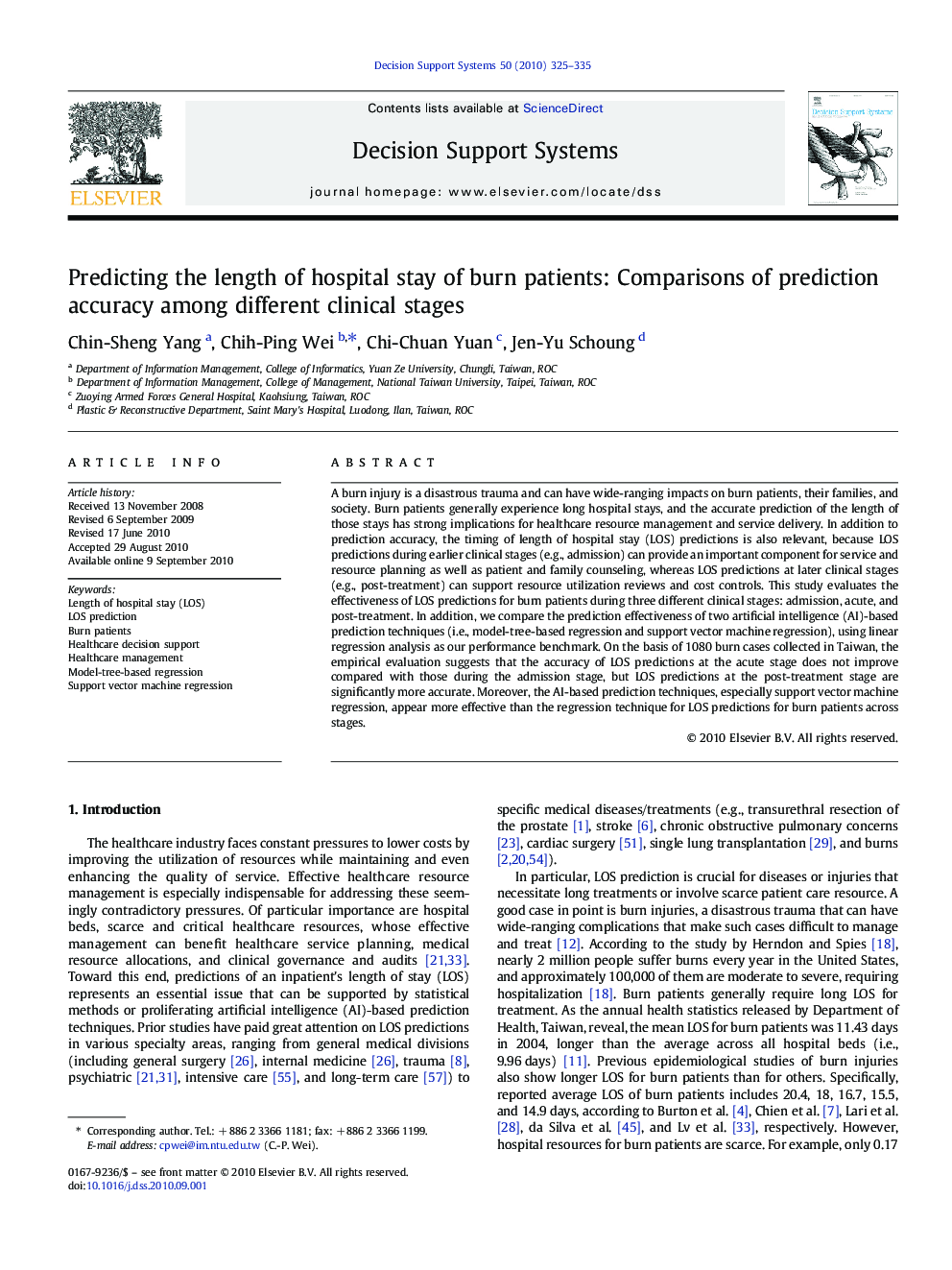 Predicting the length of hospital stay of burn patients: Comparisons of prediction accuracy among different clinical stages