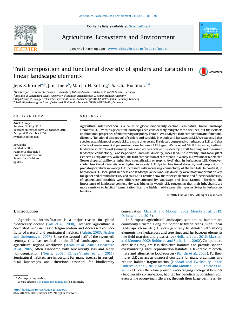 Trait composition and functional diversity of spiders and carabids in linear landscape elements