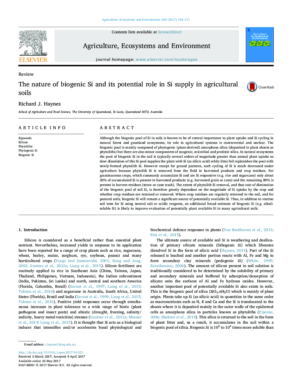 ReviewThe nature of biogenic Si and its potential role in Si supply in agricultural soils