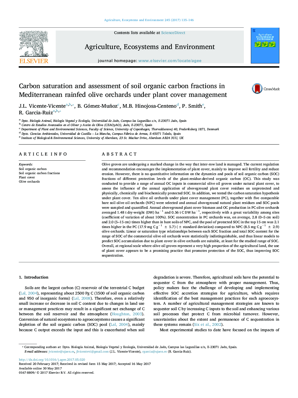 Carbon saturation and assessment of soil organic carbon fractions in Mediterranean rainfed olive orchards under plant cover management