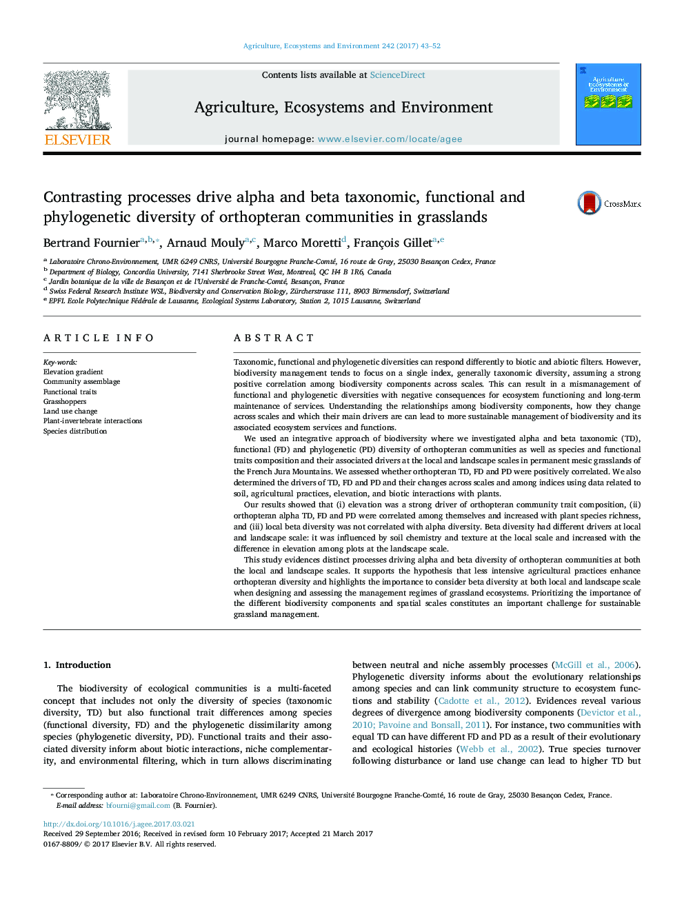 Contrasting processes drive alpha and beta taxonomic, functional and phylogenetic diversity of orthopteran communities in grasslands