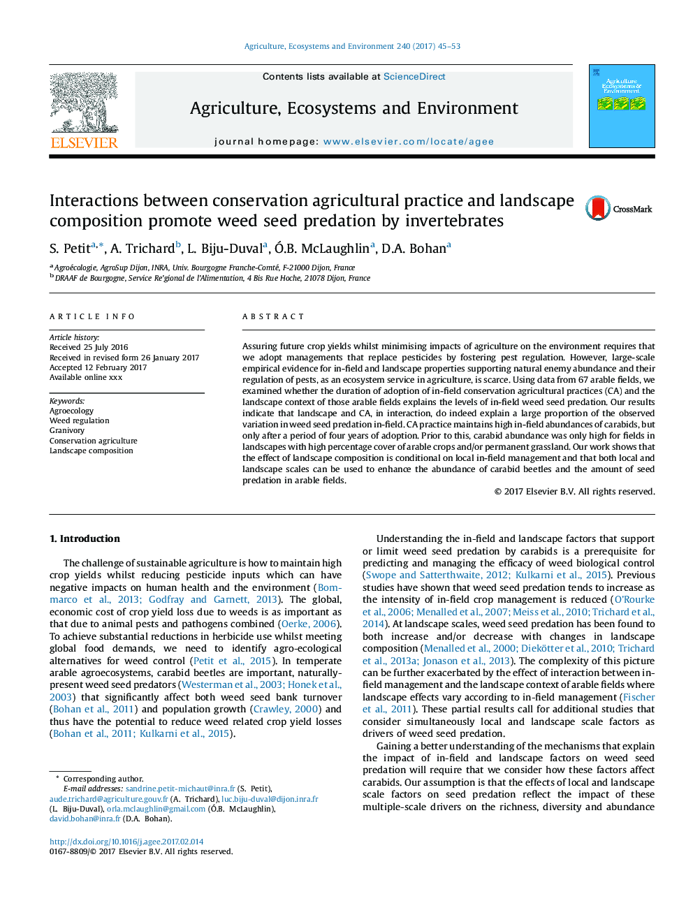 Interactions between conservation agricultural practice and landscape composition promote weed seed predation by invertebrates