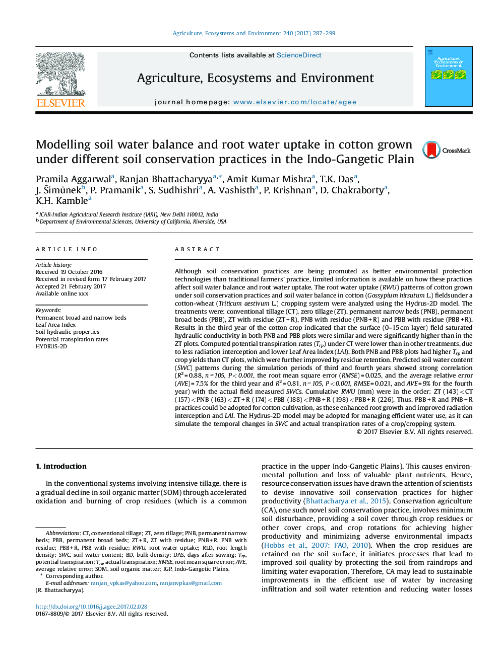 Modelling soil water balance and root water uptake in cotton grown under different soil conservation practices in the Indo-Gangetic Plain