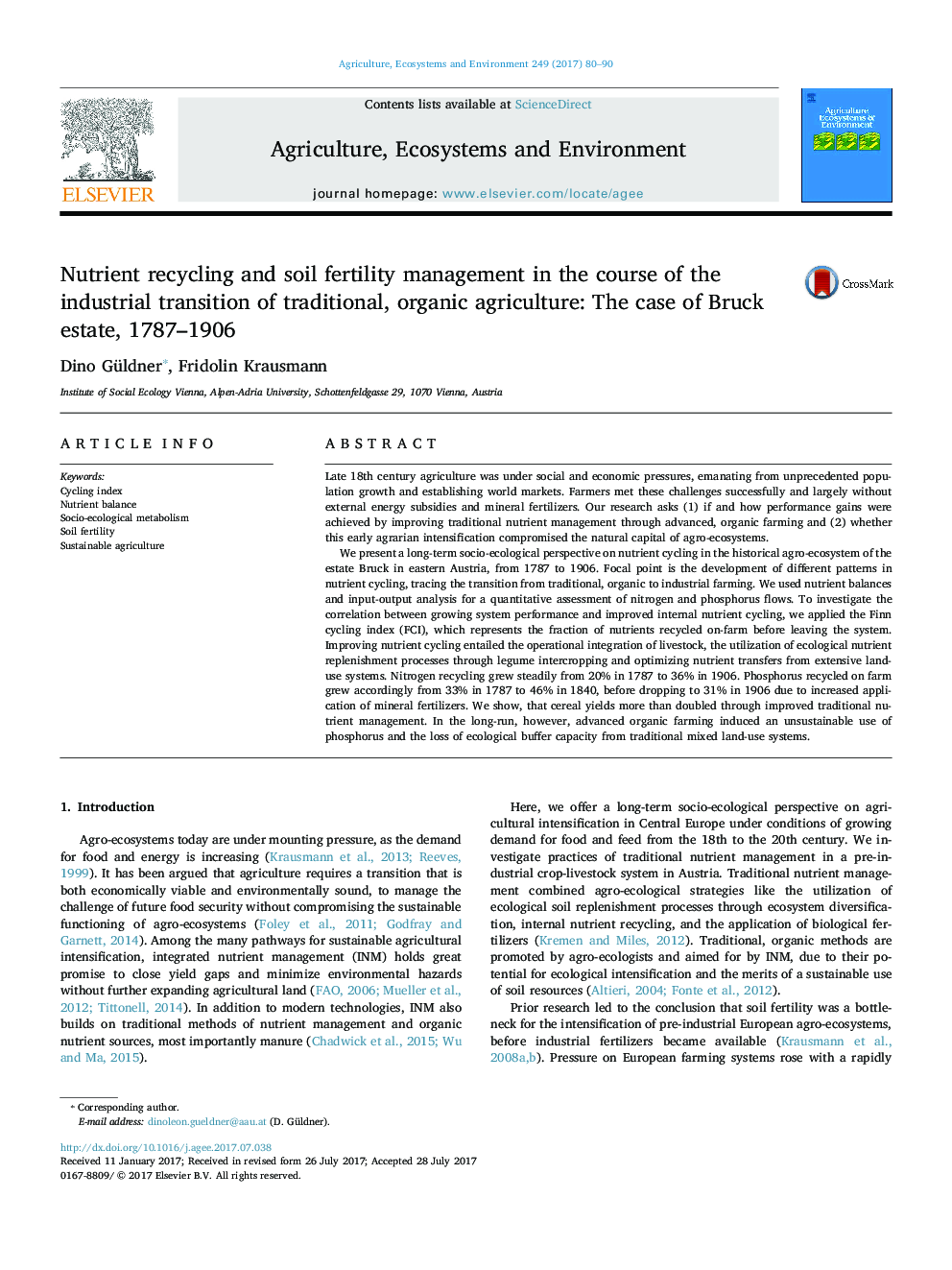 Nutrient recycling and soil fertility management in the course of the industrial transition of traditional, organic agriculture: The case of Bruck estate, 1787-1906