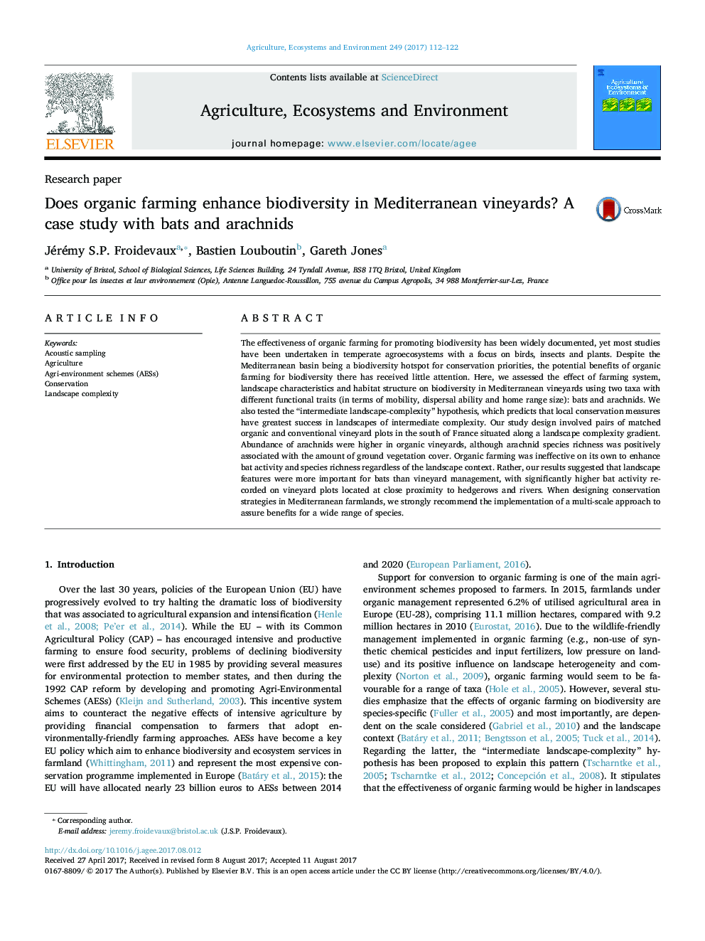 Does organic farming enhance biodiversity in Mediterranean vineyards? A case study with bats and arachnids