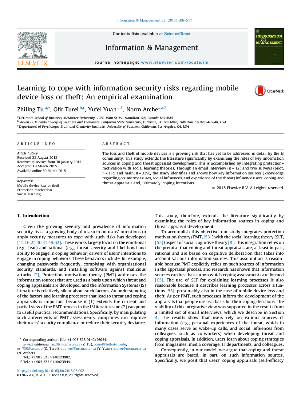 Learning to cope with information security risks regarding mobile device loss or theft: An empirical examination