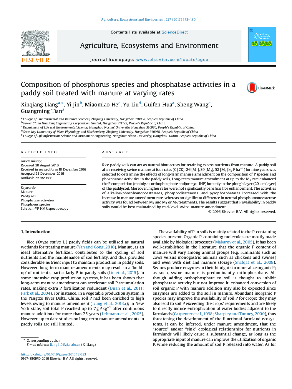 Composition of phosphorus species and phosphatase activities in a paddy soil treated with manure at varying rates