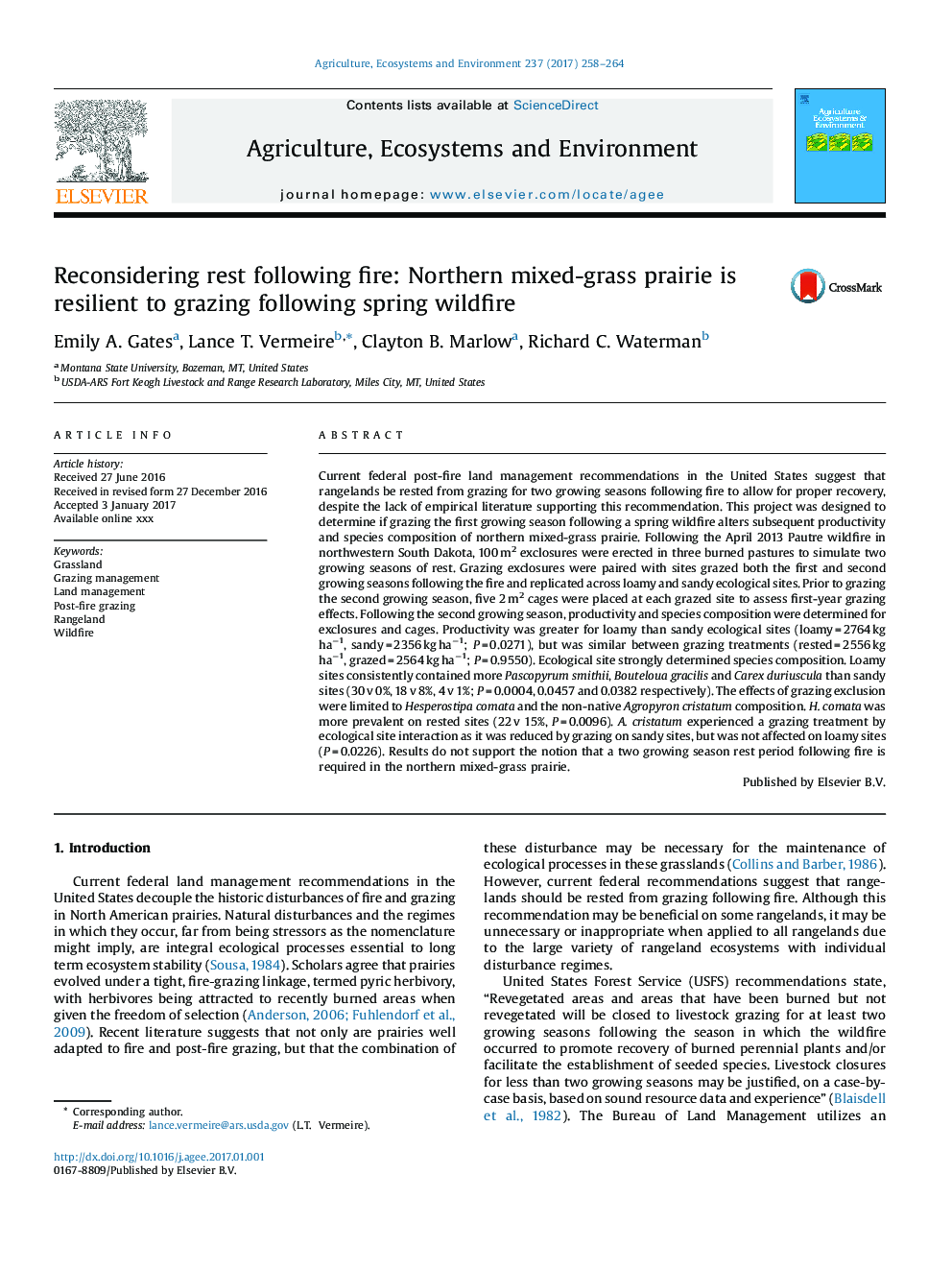 Reconsidering rest following fire: Northern mixed-grass prairie is resilient to grazing following spring wildfire