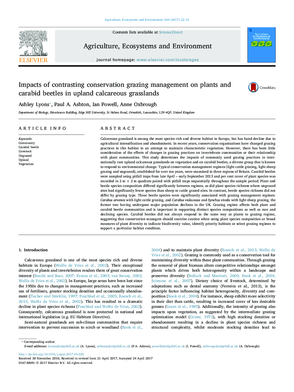 Impacts of contrasting conservation grazing management on plants and carabid beetles in upland calcareous grasslands