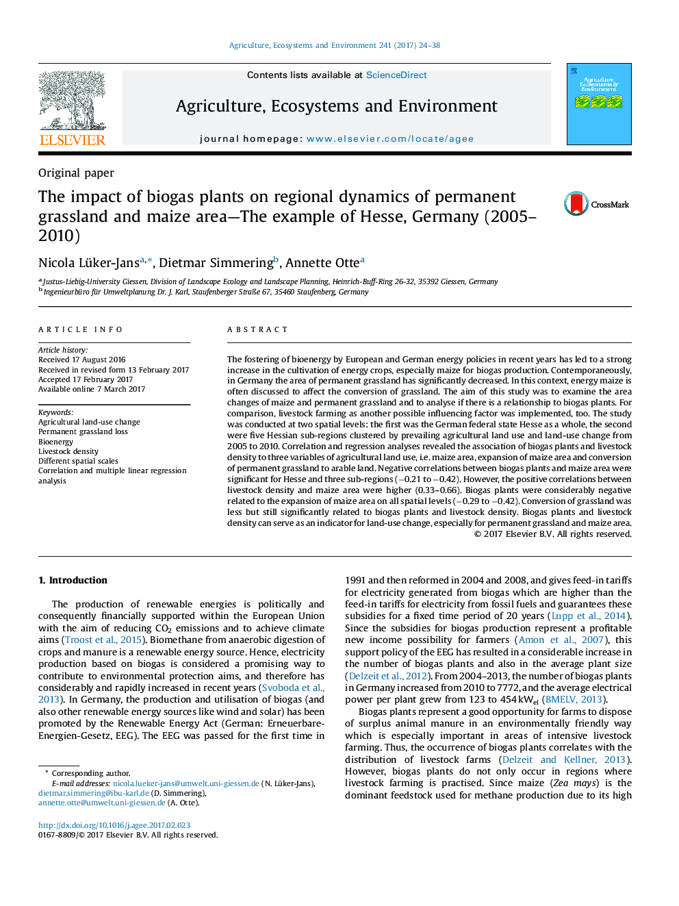 Original paperThe impact of biogas plants on regional dynamics of permanent grassland and maize area-The example of Hesse, Germany (2005-2010)