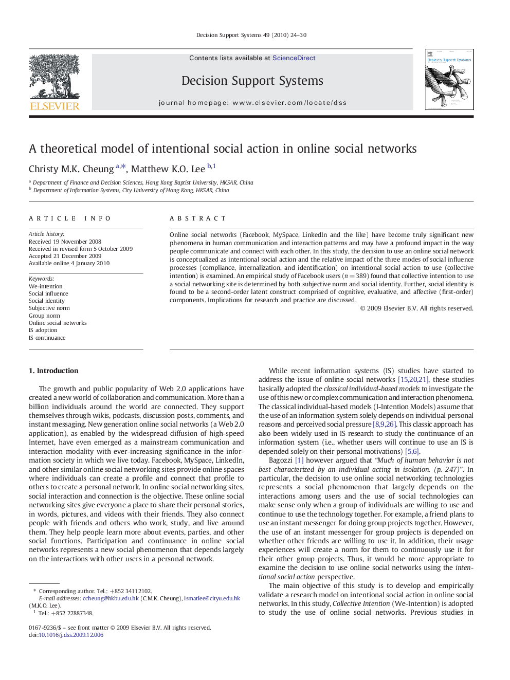 A theoretical model of intentional social action in online social networks