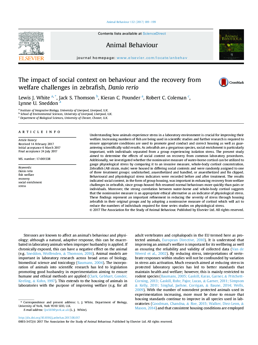 The impact of social context on behaviour and the recovery from welfare challenges in zebrafish, Danio rerio