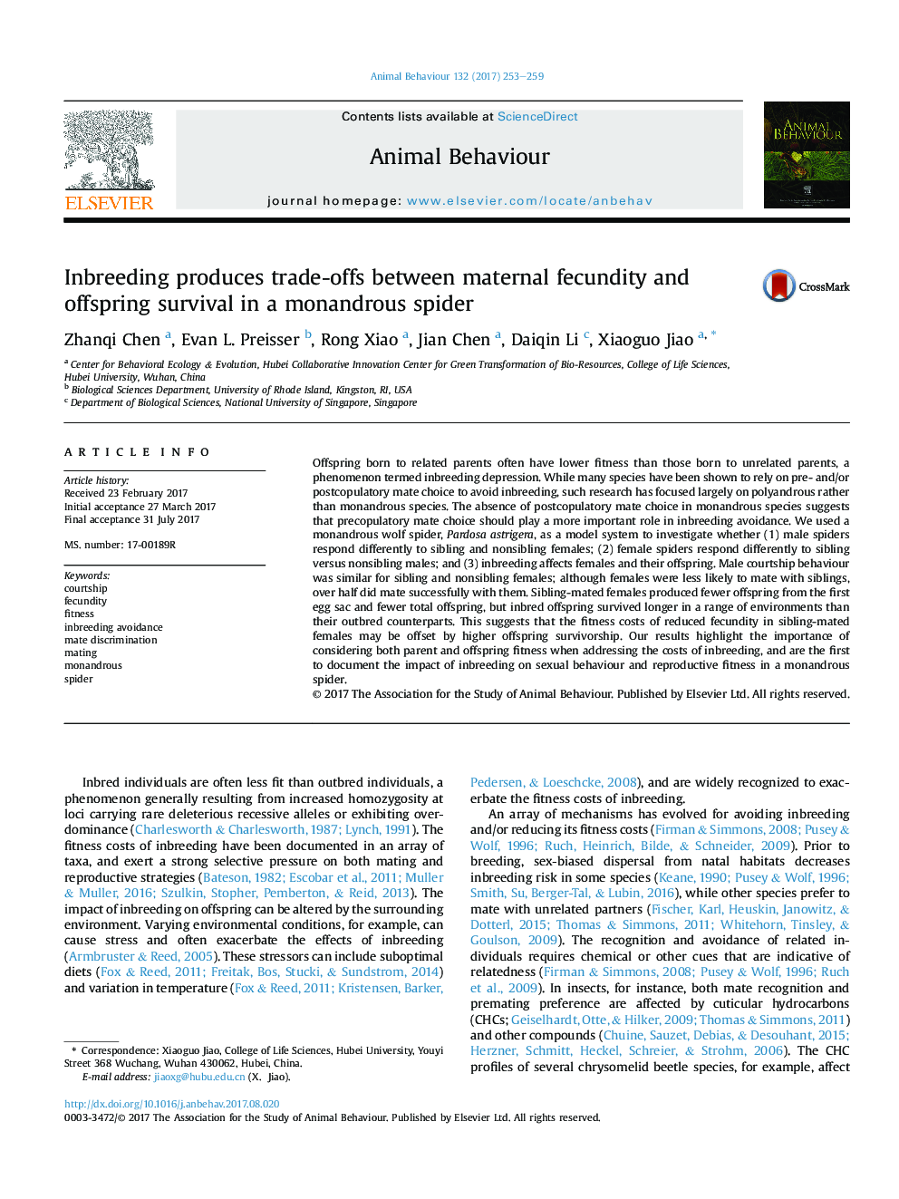 Inbreeding produces trade-offs between maternal fecundity and offspring survival in a monandrous spider