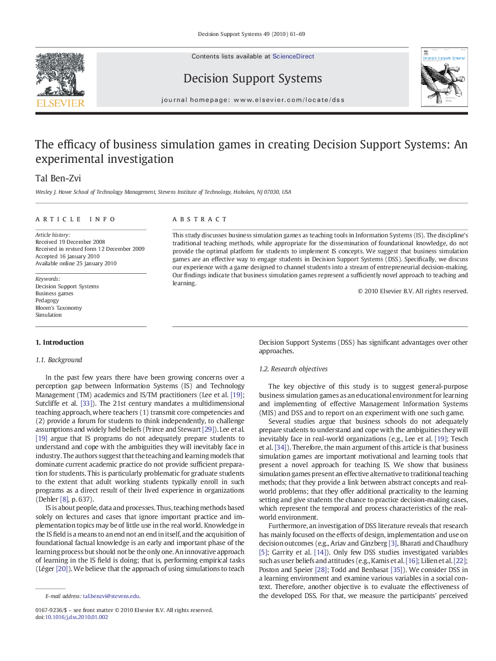 The efficacy of business simulation games in creating Decision Support Systems: An experimental investigation