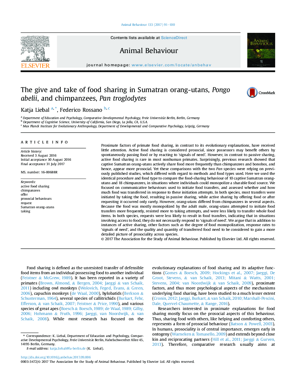 The give and take of food sharing in Sumatran orang-utans, Pongo abelii, and chimpanzees, Pan troglodytes