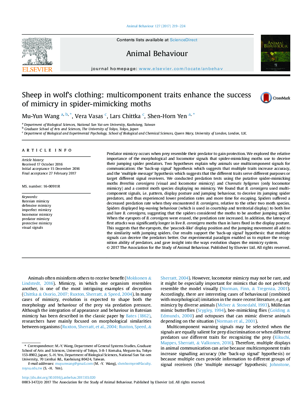 Sheep in wolf's clothing: multicomponent traits enhance the success of mimicry in spider-mimicking moths