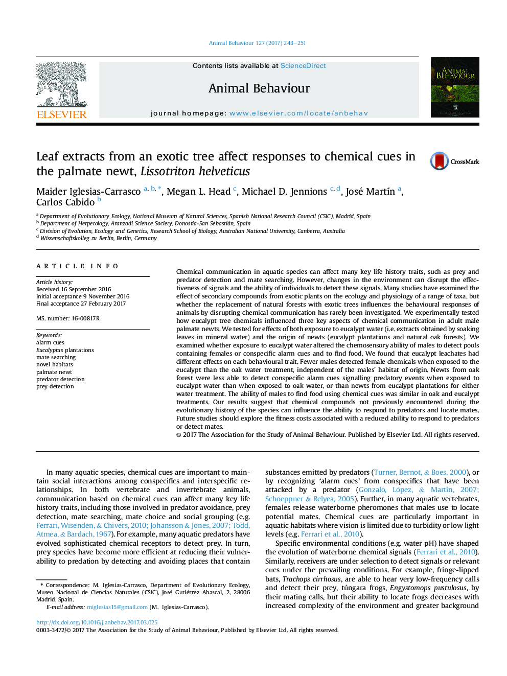 Leaf extracts from an exotic tree affect responses to chemical cues in the palmate newt, Lissotriton helveticus