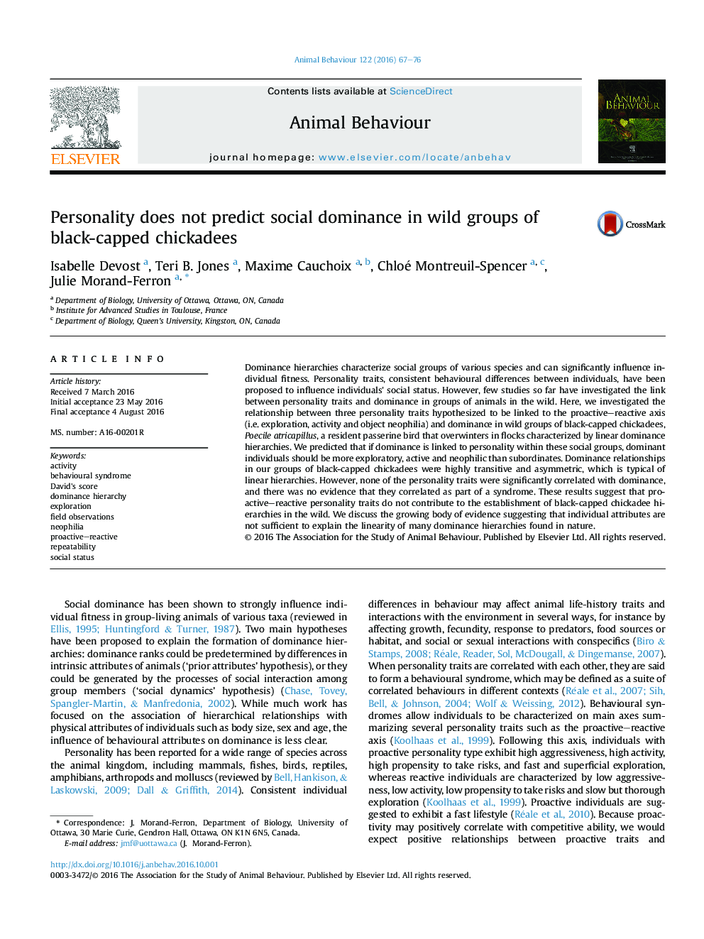 Personality does not predict social dominance in wild groups of black-capped chickadees