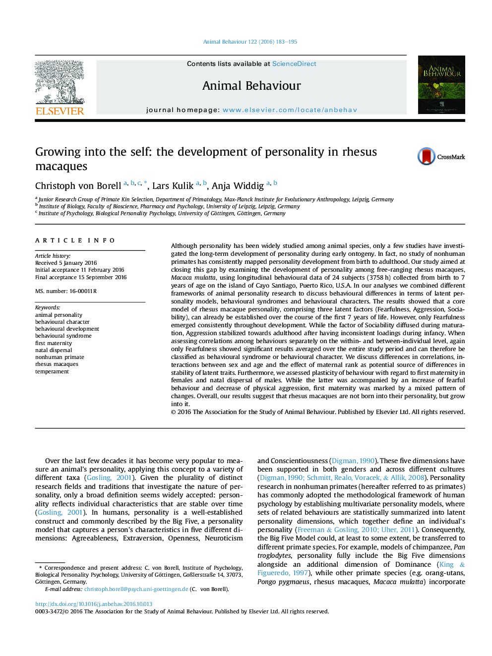 Growing into the self: the development of personality in rhesus macaques