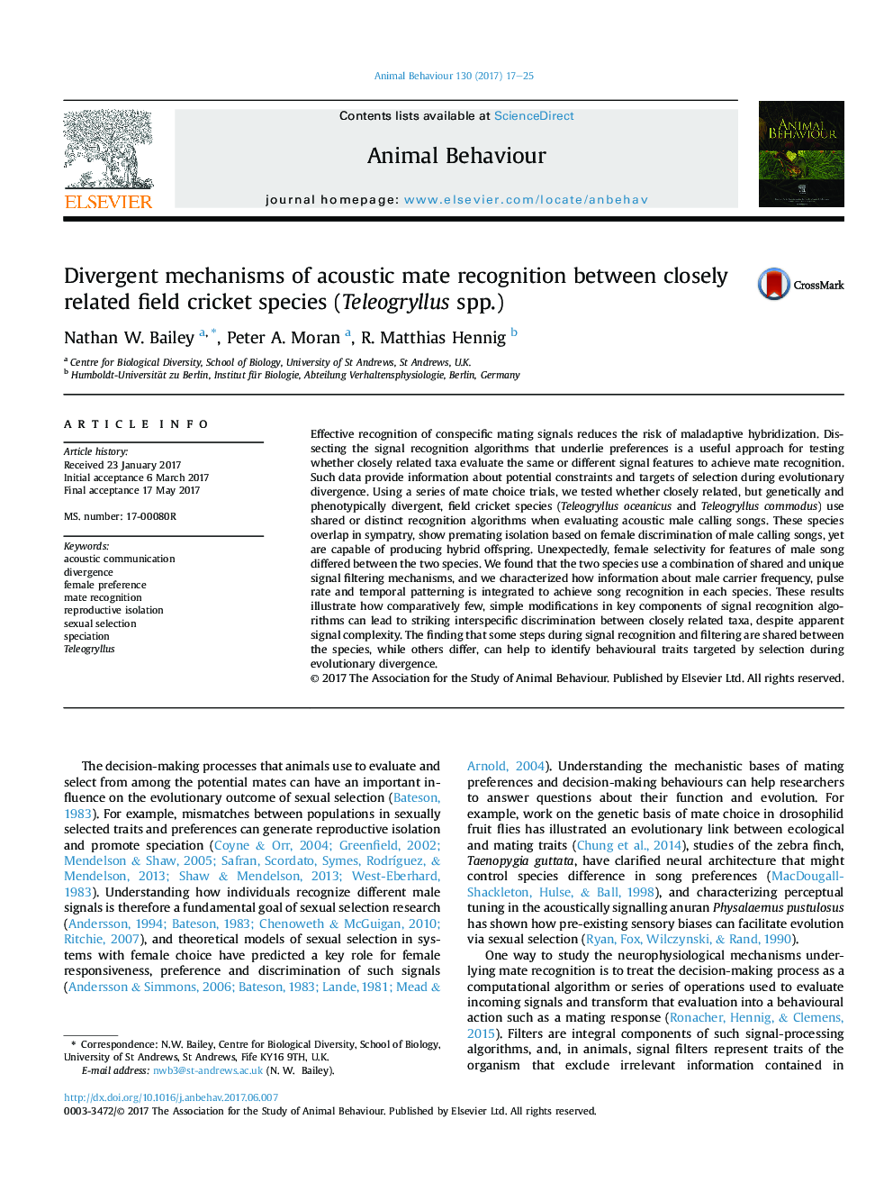 Divergent mechanisms of acoustic mate recognition between closely related field cricket species (Teleogryllus spp.)