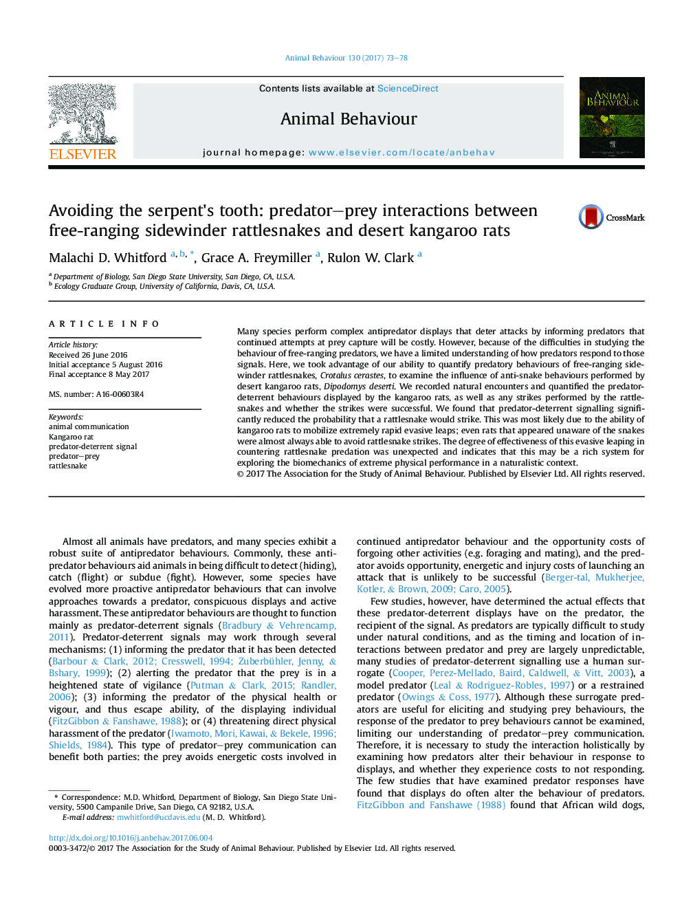 Avoiding the serpent's tooth: predator-prey interactions between free-ranging sidewinder rattlesnakes and desert kangaroo rats