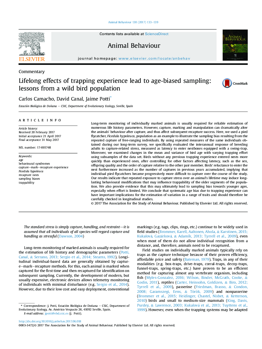 Lifelong effects of trapping experience lead to age-biased sampling: lessons from a wild bird population