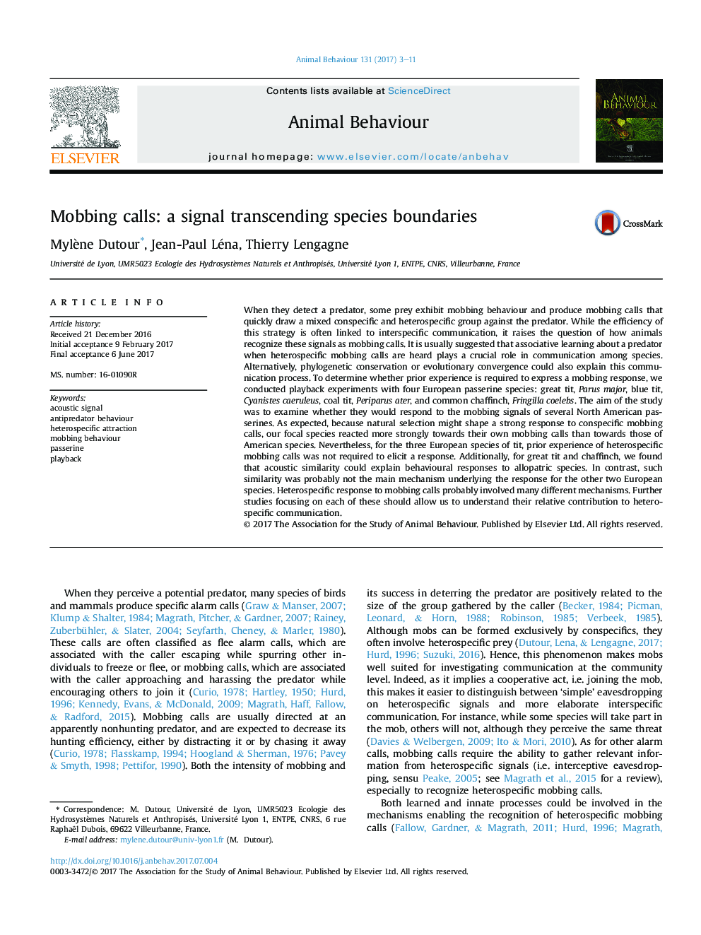 Mobbing calls: a signal transcending species boundaries