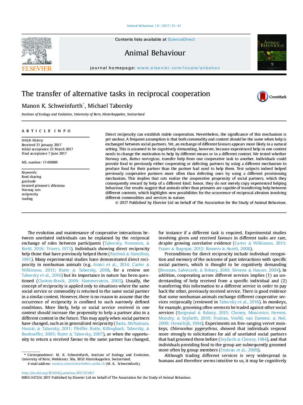 The transfer of alternative tasks in reciprocal cooperation