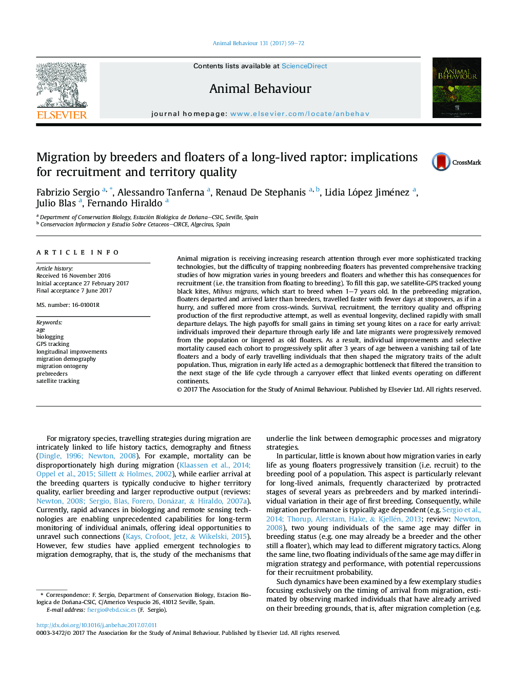 Migration by breeders and floaters of a long-lived raptor: implications for recruitment and territory quality