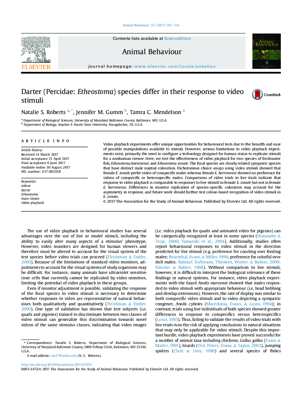 Darter (Percidae: Etheostoma) species differ in their response to video stimuli