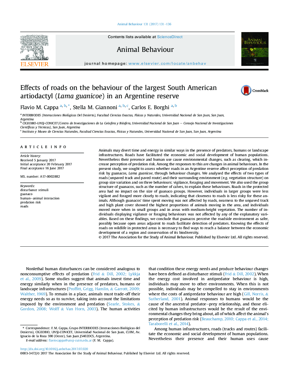 Effects of roads on the behaviour of the largest South American artiodactyl (Lama guanicoe) in an Argentine reserve