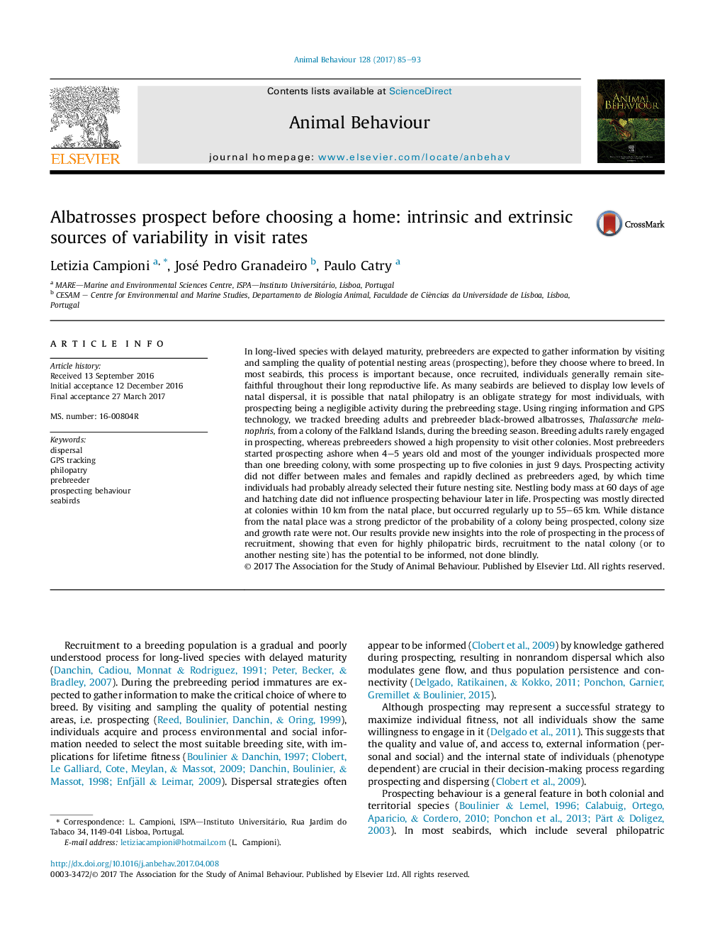 Albatrosses prospect before choosing a home: intrinsic and extrinsic sources of variability in visit rates