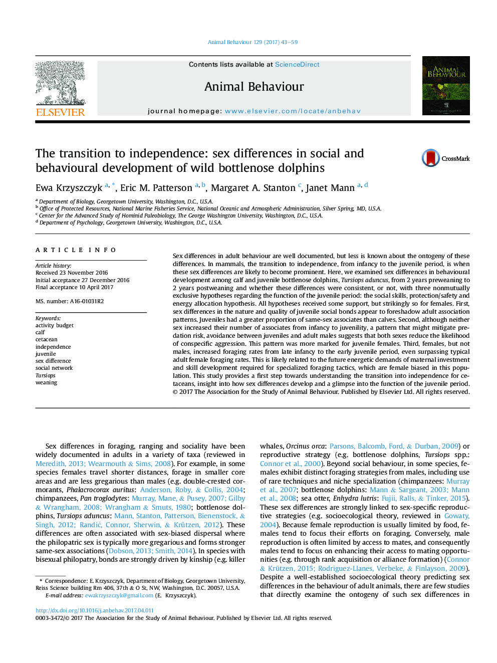 The transition to independence: sex differences in social and behavioural development of wild bottlenose dolphins