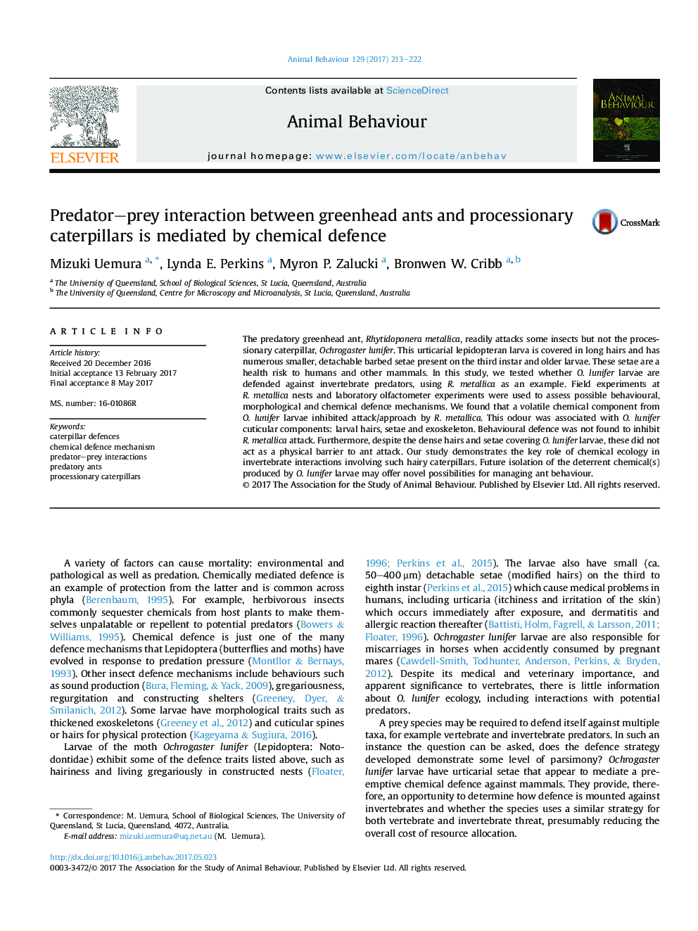 Predator-prey interaction between greenhead ants and processionary caterpillars is mediated by chemical defence