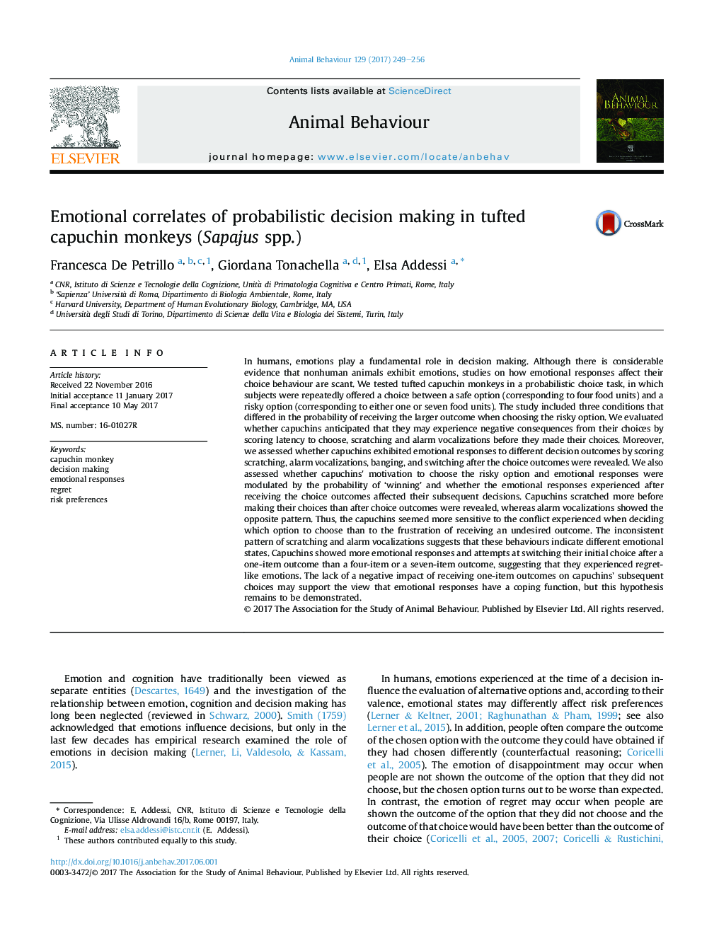 Emotional correlates of probabilistic decision making in tufted capuchin monkeys (Sapajus spp.)