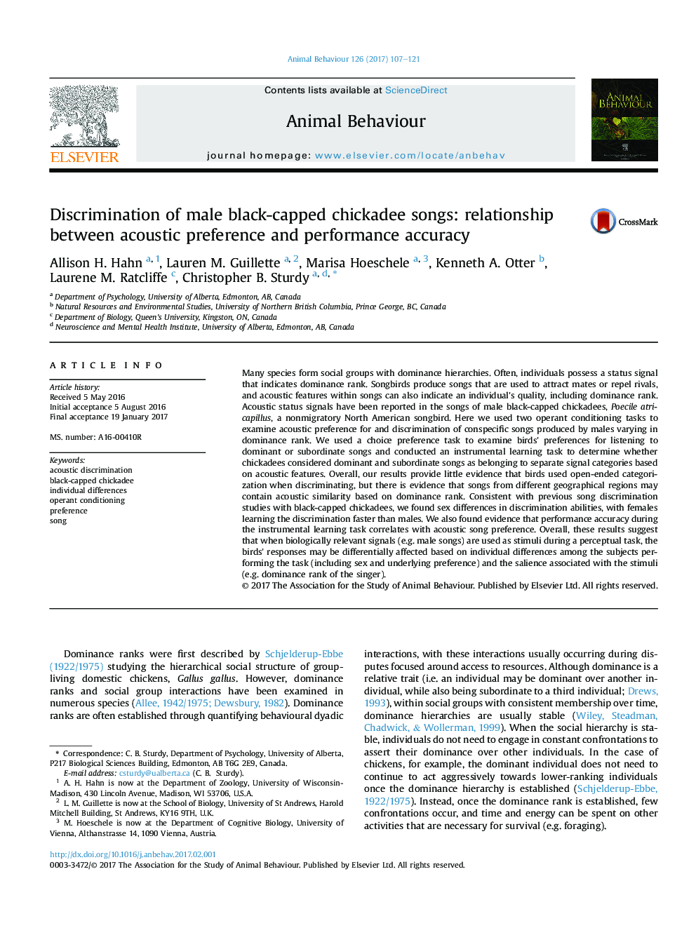 Discrimination of male black-capped chickadee songs: relationship between acoustic preference and performance accuracy